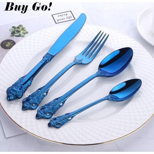 1lot/24PCS Blue Plated Dinnerware Set 18/10 Stainless steel Metal Luxury Cutlery Set Dinner Fork Dining Knife Tablespoon for 6