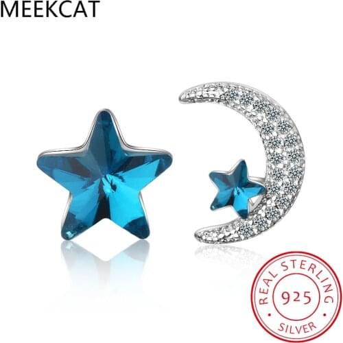 925 Sterling Silver Asymmetrical Blue Star Moon Earrings Zircon Crystal Earrings Brincos de Prata For Women S-E134