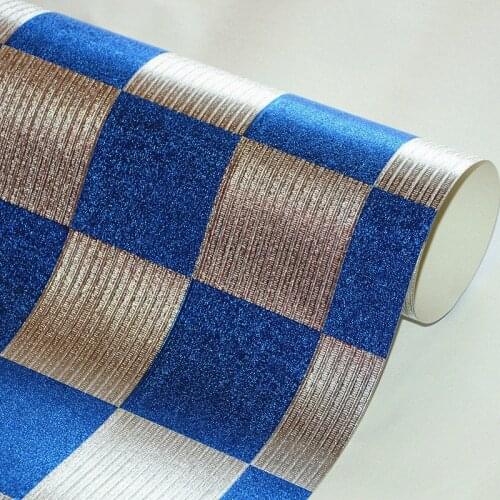 Beibehang Gold foil wallpapers roll mosaic large grid reflective blue aisle wall paper KTV club TV background black wallpaper 3D