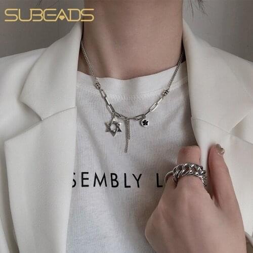 Subeads 925 Sterling Silver Hexagram Star Tassel Pendant Necklace For Women Clavicle Chain Necklace Fine Jewelry Gift
