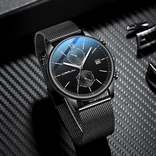 Watch Mens CRRJU Men Business Quartz Wristwatches Blue Sport Waterproof Clock Stainless Steel Wrist Watch for Male montre homme