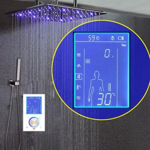 Digital Shower Bathroom System LCD Thermostat Diverter LED Shower Set 16" SPA Mist Rainfall Shower Head 304SUS With Hand Spray