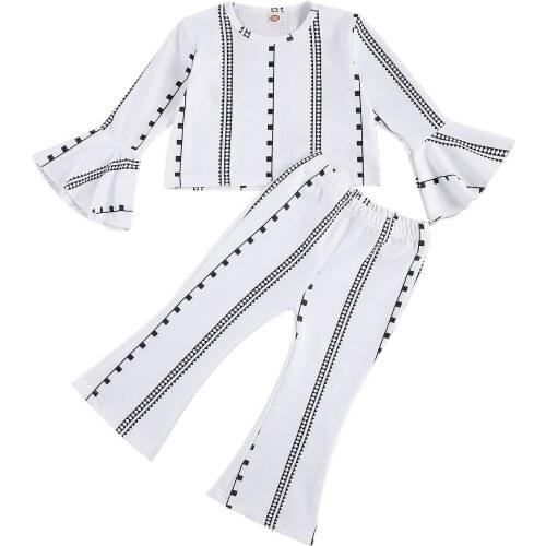 Childrens Two Piece Set Toddlers Trumpet Long Sleeve Crew Neck Top Striped Stretch Flared Trousers Clothes Set Outfits