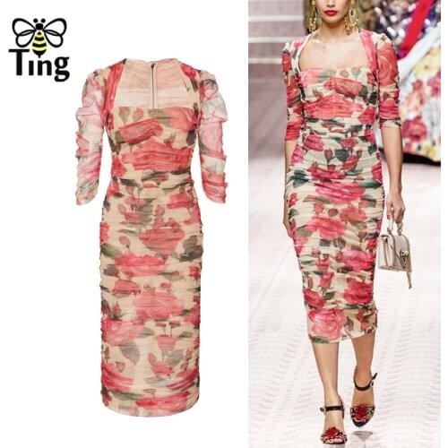 Tingfly Designer Runway Vogue Rose Flower Sexy Bodycon Midi Party Dinner Night Dresses Vintage Square Collar Clubwear Elbise