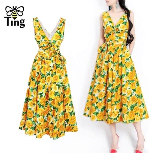 Tingfly Designer Vintage Elegant Yellow Leon Flower Print Midi Long Dress Women Summer Casual Sleeveless Sundresses Plus Size 2X