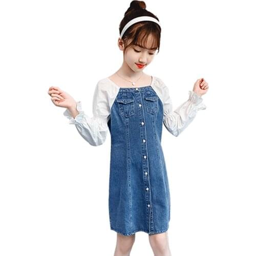 Girl Denim Dress Patchwork Girl Party Dress Spring Autumn Kid Dress Casual Childrens Costumes For Girls 6 8 10 12 14