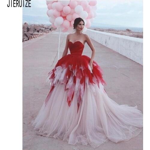 JIERUIZE Modest Red And White Wedding Dresses Sweetheart Lace Up Back Tulle Ruffles Dubai Wedding Bridal Gowns Vestidos de Noiva