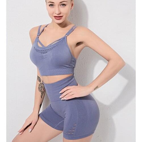 Seamless 2 Pieces Yoga Set Hollow Sport Padded Bra Lift Hip Seamless Shorts Workout Gym Outfit Women Active Wear