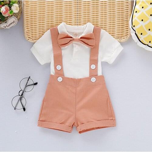 3 Pcs Newborn Solid Color Outfits Baby Boys Clothes Set Short Sleeve Lapel Romper + Suspender Pants + Bow Tie