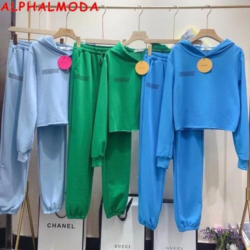 ALPHALMODA 2021 Spring New Arrival Letter Hooded Sweatshirts Pants 2pcs Suit Women Fashion Bright Color Hoodies Jogger Pants Set
