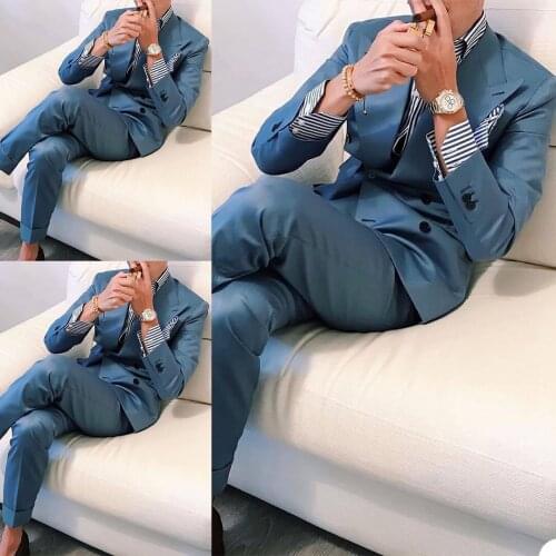 Handsome Mens Suit Jacket Pant Double Breasted Custom Made Formal Suits Wedding Tuxedos Business Male Wear (Blazer+Trouser)