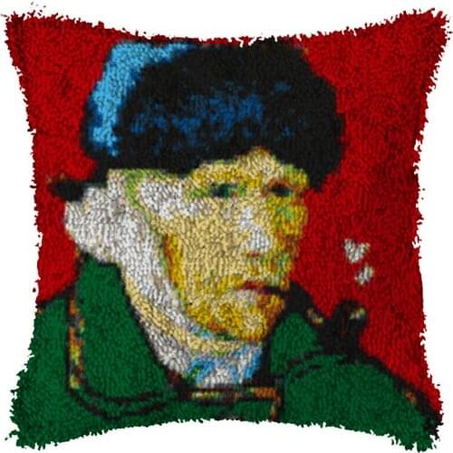 Latch Hook Rug Kits Van Gogh Cushion Carpet Cover Floor Mat Red leaf Sewing Needlework for Adults Kids Gift