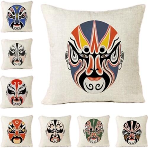 Linen Pillow Cover Chinese Peking Opera Mask Style Cushion Cover Decor Sofa Throw Pillowcase 45x45cm bedroom living room Decora
