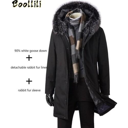 Boollili Winter Goose Down Jacket Men Real Fur Coat Natural Rabbit Fur Liner Fox Fur Collar Long Warm Coats Parkas 2020