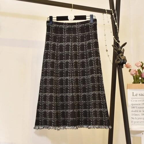 Autumn Winter Womens Skirts Korean Style Plaid Fringe Knitted Skirt New High Waist Slim A-line Female Skirt LL964
