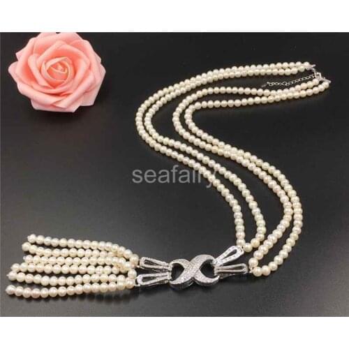 Natural 7-8 mm 2 row White cultured Freshwater Pearl Necklace cz pendant 25"