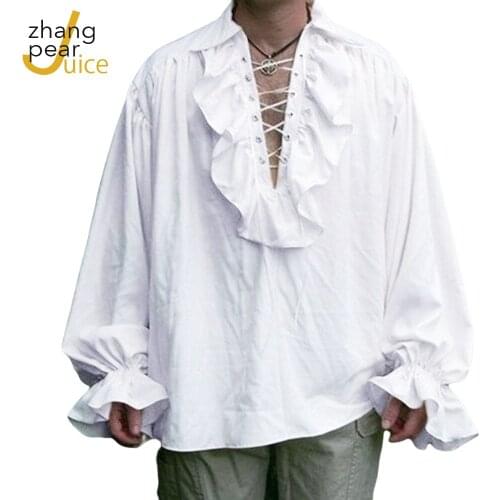 Men Lace Up Bandage Shirt Tops Men Vintage Costume Fluffy Long Sleeve Shirt V Neck Solid Color Long Sleeves Casual Shirt