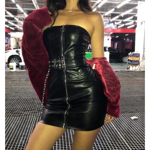 Sexy Black Bodycon Dress for Women Fashion Party Nightclub Ladies Pu Leather Summer Dress Woman Metal Chain Pencil Mini Dress