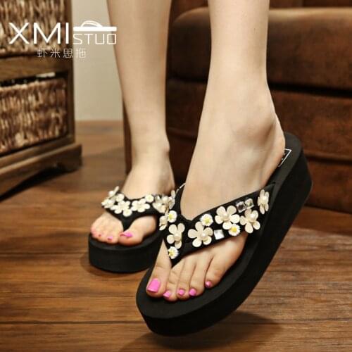 XMISTUO Summer Gril Platform Slope Female Cotton Fabric Beach Slippers 5.5CM High-Heeled EVA With Flower Sandal Flip Flops Women