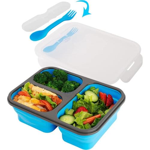 1100ML Silicone Foldable Bento Lunch Box 3-Compartment Eco Collapsible Lunch Box Kit-BPA Free Safe In Microwave Food Container