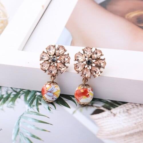 Cute Women Drop Earrings 2 Color Flower Shiny Crystal Ceramic Drop Earrings For Women Fashion Jewelry Gift Accessories