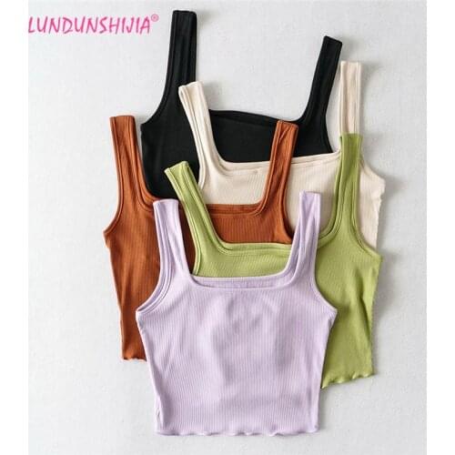 LUNDUNSHIJIA Sexy Women Summer Crop Tops Sleeveless Short Style Cotton Square Collar Ribbed Ladies Tank Tops 6 Colors