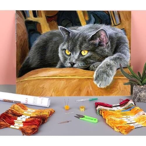 Animal Cat Printed Water-Soluble Canvas 11CT Cross Stitch Embroidery Kit DMC Threads Craft Sewing Handicraft Painting Floss