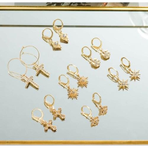 WTLTC New Design Cross Star Coin Hoop Earrings for Women Small Dangling Huggies Earrings Multi Style Charm Hoops Earrings Boho