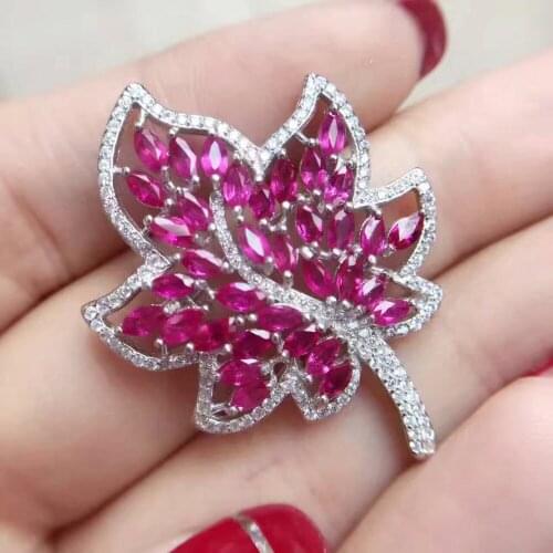 Natural red ruby gem brooch S925 silver Natural gemstone brooch Pendant luxurious Elegant fashion leaves women two wears jewelry