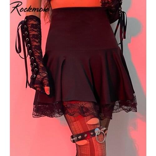 Rockmore Goth Lace Edge Pleated Skirts Women Y2K High Waist Plaid Mini Skirt Punk Academia Dark Academia Clothes Black Saias