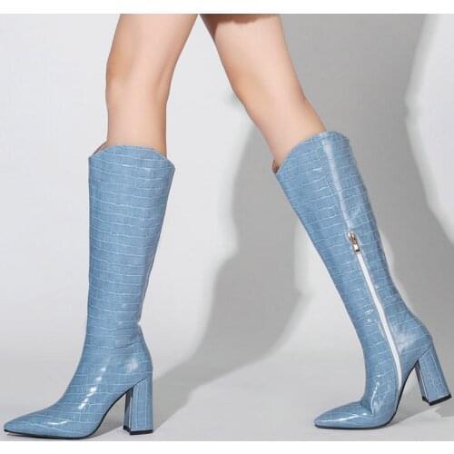 2021 Women Knee High Boots Fashion Pointed Toe Square High Heel Ladies Calf Boots PU Leather Side Zipper Womens Boots Big Size