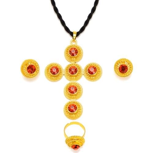 Womens 9 k THAI BAHT G/F Yellow Solid Fine Gold GF earrings ring Big Cross Pendant Chain Jewelry Sets red semi-precious Noble