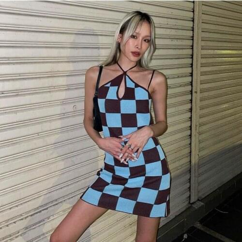 Lady Hollow Out Halter Plaid Printed Bodycon Dress Female Fashion Sleeveless Spaghetti Straps Slim Mini Dresses