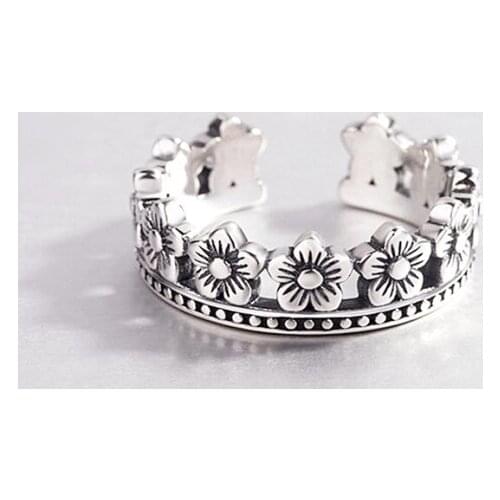 Retro Flower Crown 925 Sterling Silver Korea Literary Temperament Personality Fashion Female Resizable Opening Rings SRI096