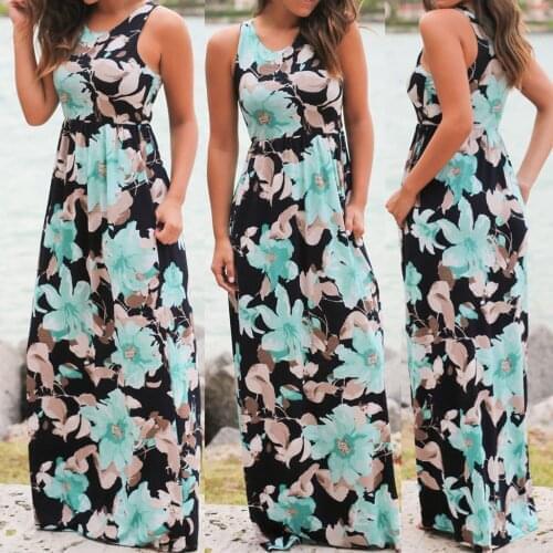 @ Fashion Womens Loose Daily Dress Sleeveless Floral Print Maxi Dress With Pockets Beach Long Dress Off Shoulder Dress Платье