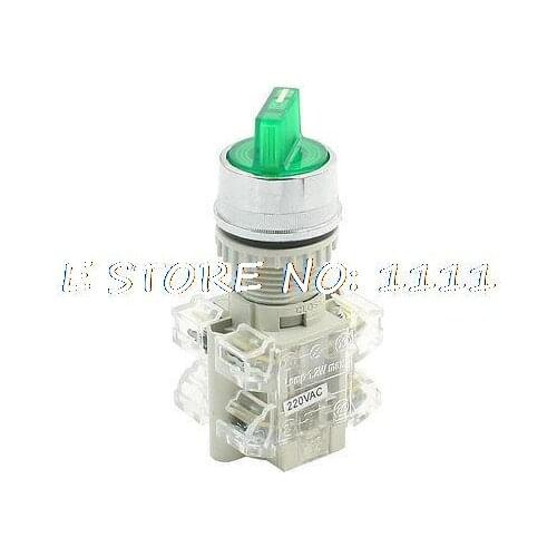 AC 220V Rotary Selector 2 Position 6 Pin Green Light Push Button Switch