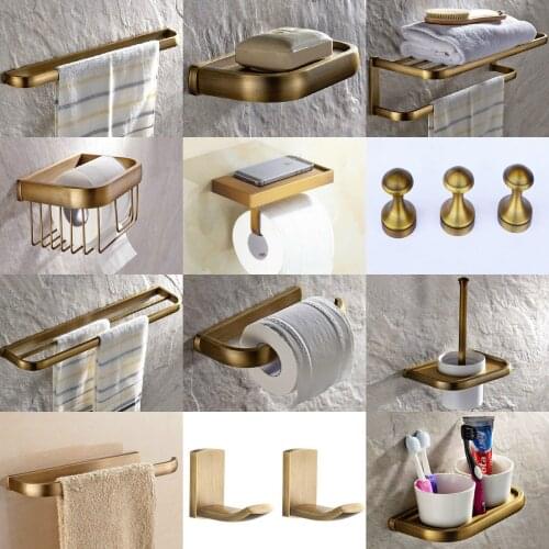 Antique Brass Square Shape Wall Mounted Bathroom Accessories Set Towel Bar Soap Dish Robe Hook Toilet Paper Holder A018