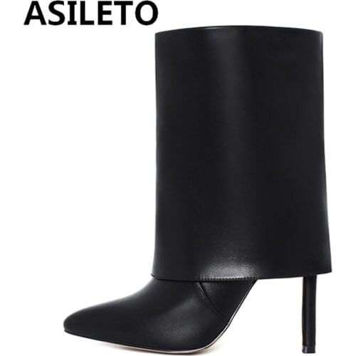 ASILETO Women Mid-Calf Boots Sexy Solid Folds Boots Pointed Toe Thin Heels Stiletto Party Shoes High quality Female boats Cool