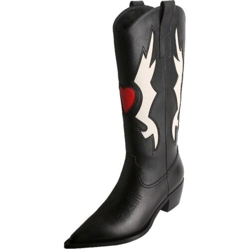 Red Heart Pointed Western Boots Thick Heel Mid-Tube Boots Women Black Leather Retro Boots Autumn Knight Boots Falt Casual Shoes