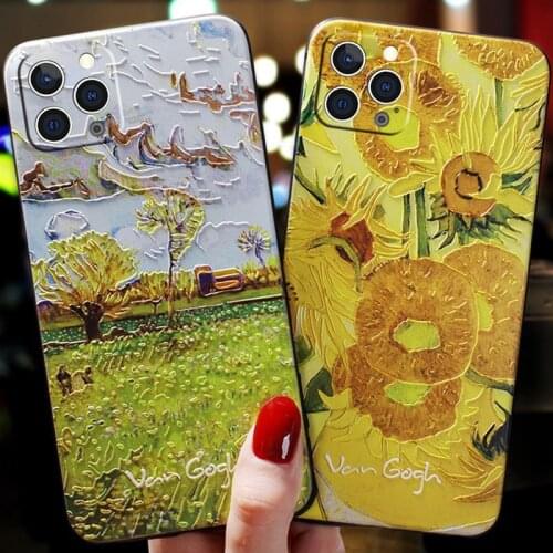 Phone Cases For iphone 12 Mini 11 Pro Max 6 7 8 Plus XS XR SE 2020 Case 3D Emboss Art Painting Night Starry Sunflower Back Cover