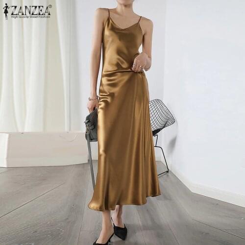 Plus Size Elegant Women Summer Dress 2021 ZANZEA Fashion Spaghetti Strap Party Sundress Slip Dresses Solid Sexy Club Vestidos