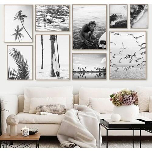 Black White Sea Seagull Tree Landscape Wall Art Canvas Painting Print Nordic Beach Wall Poster Pictures For Living Room TB197
