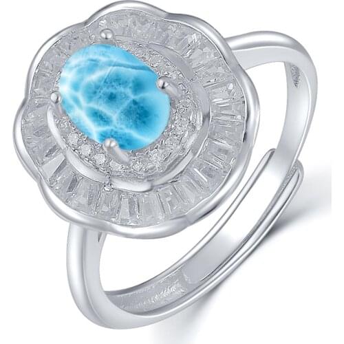 Wholesale 1.25ct Natural Larimar Rings Fashion Jewelry Gift 925 Sterling Silver Jewelry Blue Larimar Flower Ring Larimar Ring