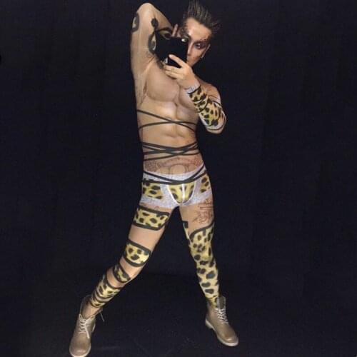 Sexy Leopard printing jumpsuit men stage wear Nightclub Bar Pole dancing DJ performance costumes Clubs male party show Rompers