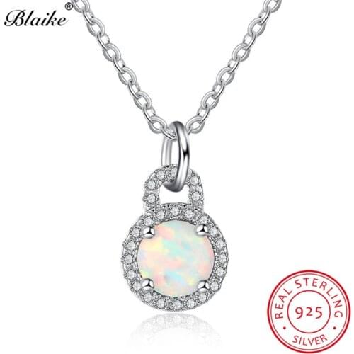 Blaike Fashion White Fire Opal Round Pendants 100% Solid 925 Sterling Silver Crystal Charm Necklace Clavicle Chain Fine Jewelry
