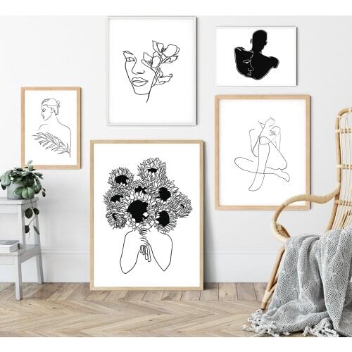 Line Sunflowers Art Printable Black White Drawing Line By Numbers Kits Abstract Modern Home Wall Art Picture Flowers Paint