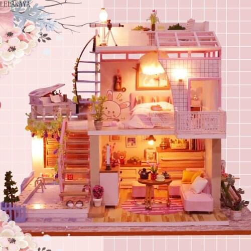 Meet A Little Time Doll House DIY Wooden Dollhouse Assembly Model Building Kits Miniature With Furniture LED Light Handmade Toys