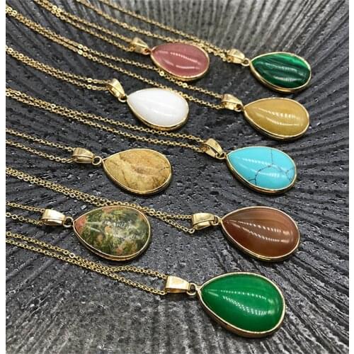 New Birthstone Jewelry Water Drop Dangle Necklaces Real Natural Amethysts Agates Turquoises Opal Quartz Stone Pendant Necklaces