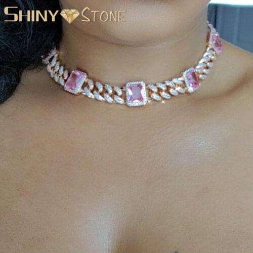 New Red Blue Green Rectangle Stone Charm Necklace 12MM Iced Out Miami CZ Cuban Link Chain Hip Hop Women Chunky choker jewelry