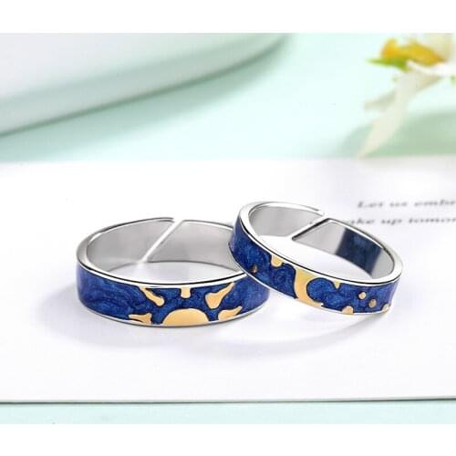 LOYE Original Enamel Star Moon Rings Blue Van Gogh Creative Forever Open Rings Festival Fine Jewelry